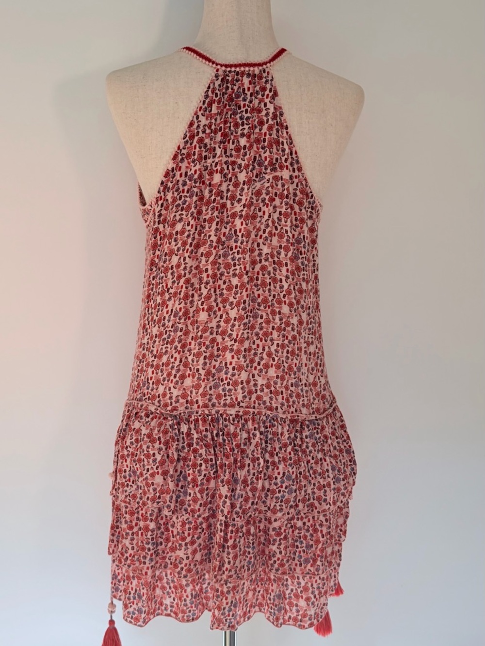 Poupette St. Barth Red Floral Tiered Tassel Mini Dress. M - Picture 3 of 8